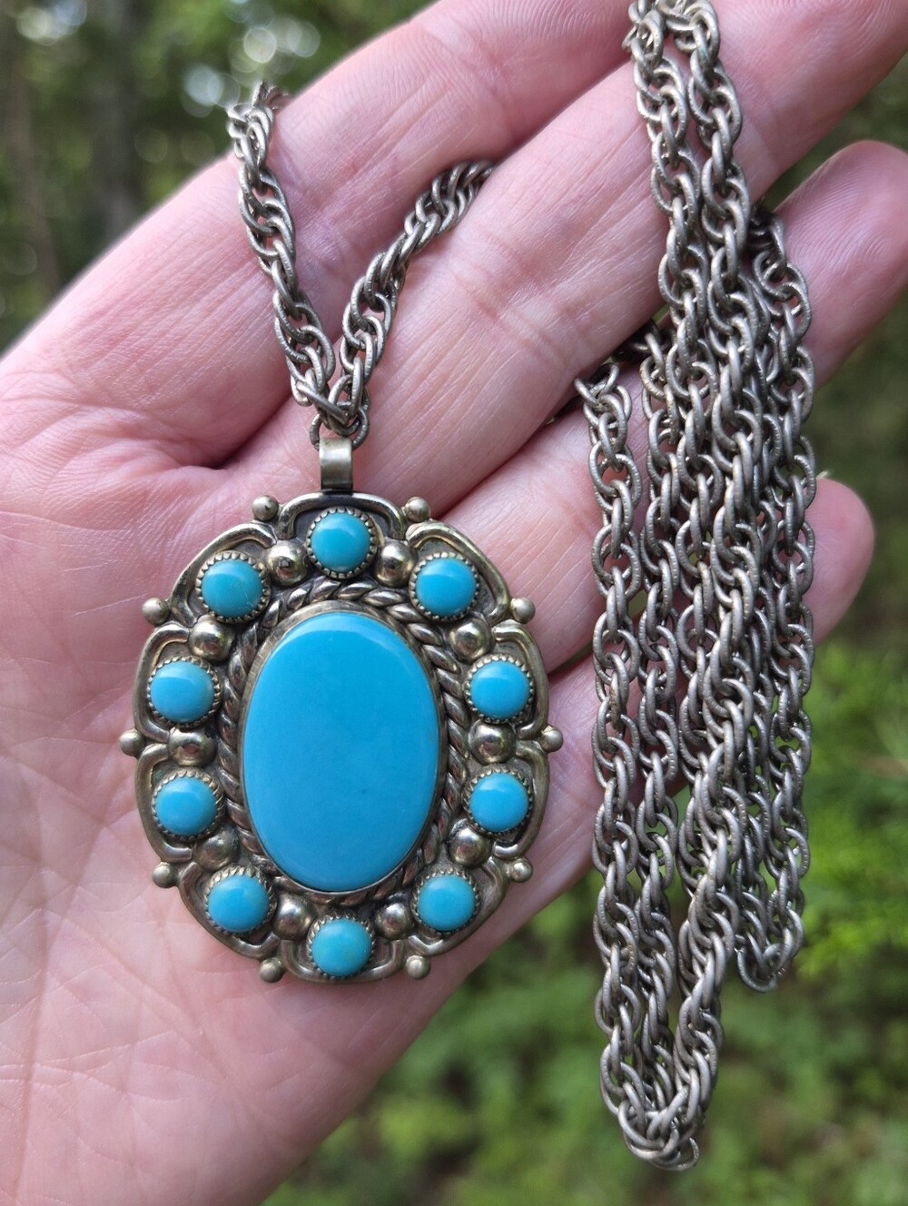 Bell Trading Necklace Vintage 60s Faux Turquoise Nickel Silver Southwestern Boho